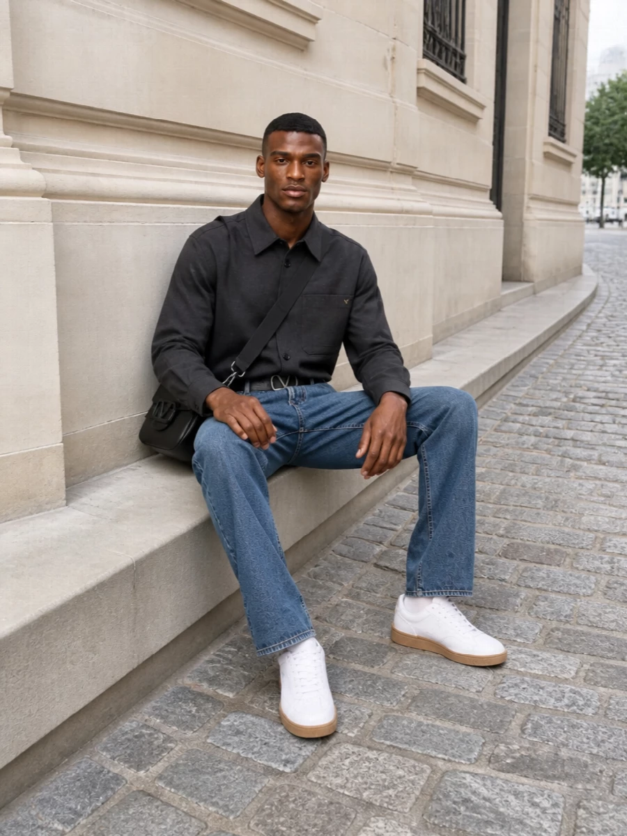 Valentino denim charcoal overshirt white sneakers