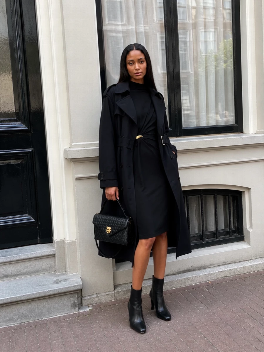 Bottega veneta black trench coat evening dress