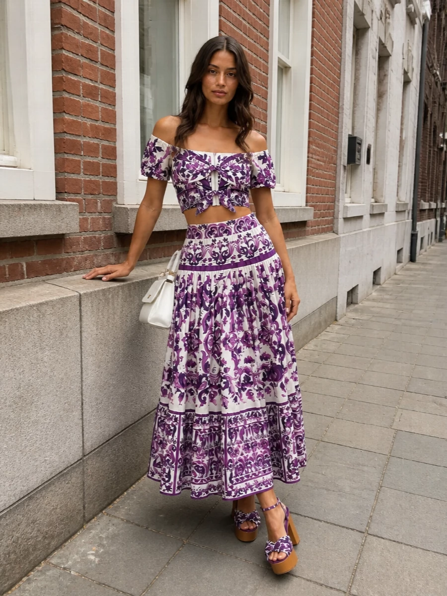 Dolce gabbana purple floral midi skirt outfit