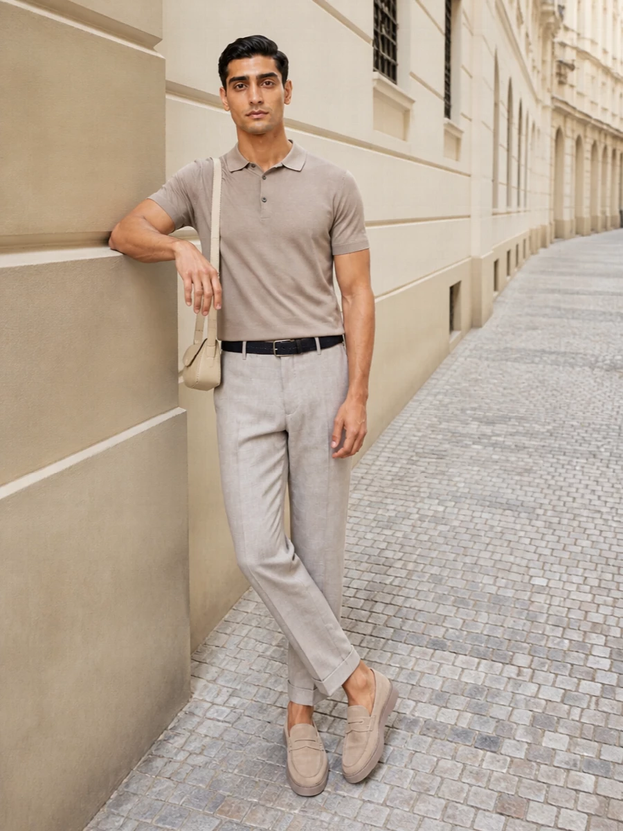 A taupe knit polo and pale beige cuffed trousers create a clean, tonal column that feels relaxed but assured. Soft suede loafers keep the mood quietly preppy, while the sculptural cream shoulder bag and slim navy belt add just enough structure and contrast. It is an easy warm-weather uniform for city days when you want polish without formality.