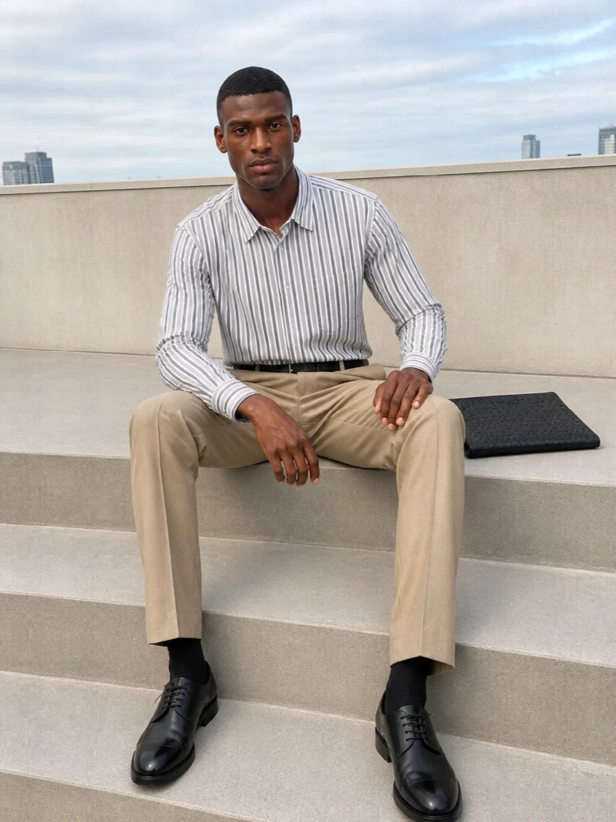 Sand Dries pleats meet a crisp striped shirt for a quietly precise take on office dressing. Black derbies and a woven portfolio bring the formality up a notch while keeping everything restrained and modern. A slim black belt ties the vertical lines together so the trousers remain the understated focus.