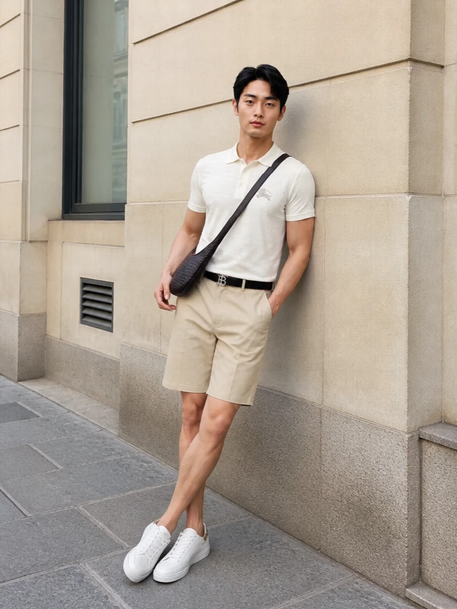 An ivory Burberry polo is paired with sand chino shorts for a clean, tonal take on summer preppy that feels effortless yet considered. White low-profile sneakers keep the silhouette light and athletic, while the dark woven crossbody and slim leather belt add just enough structure and quiet luxury to carry this from city strolls to relaxed dinners. The result is an understated, modern Burberry uniform built entirely on refined neutrals and subtle detailing.