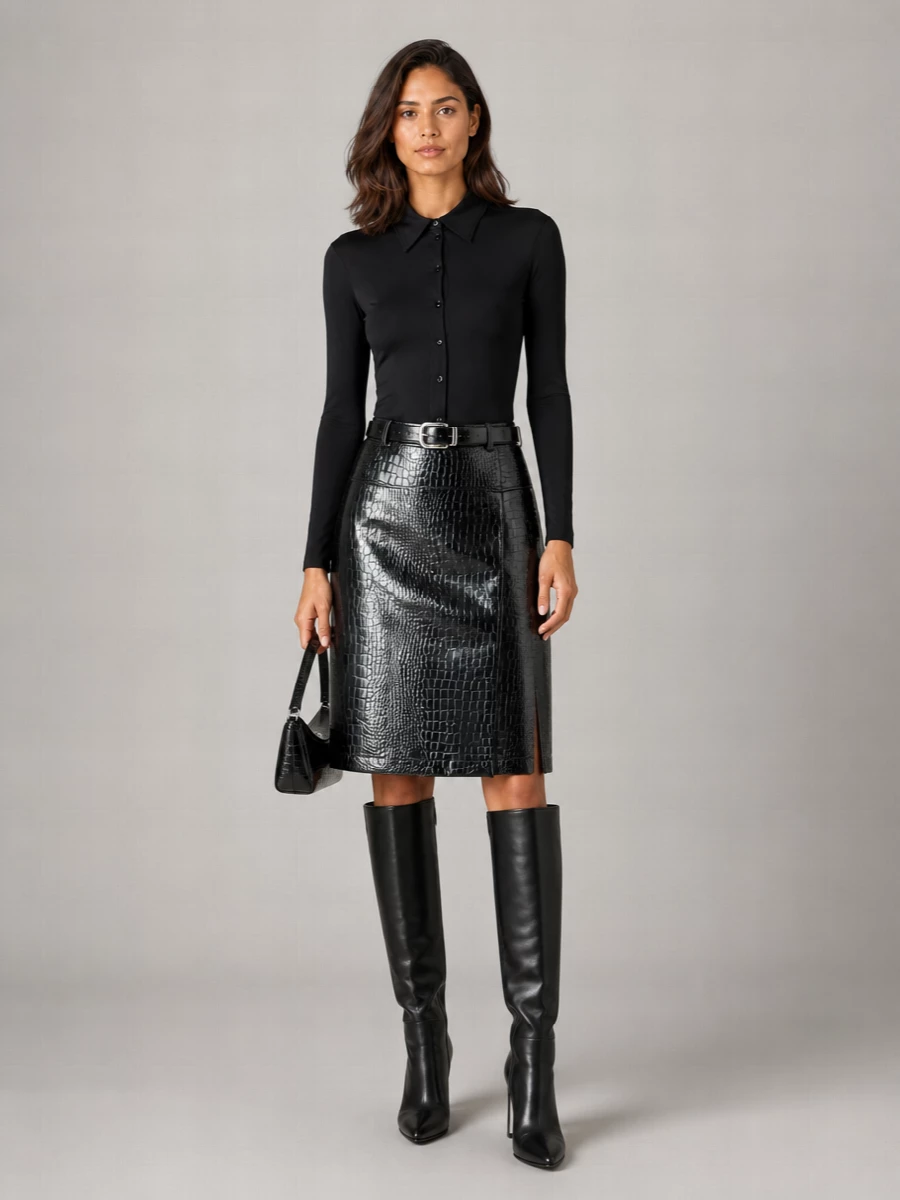 Sportmax Crocodile-Print Vinyl Midi A-Line Skirt