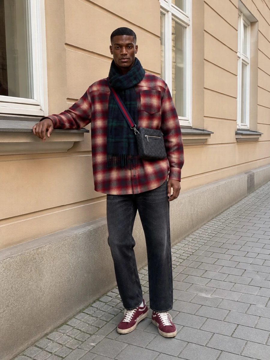 Ganni flannel golden goose sneakers outfit