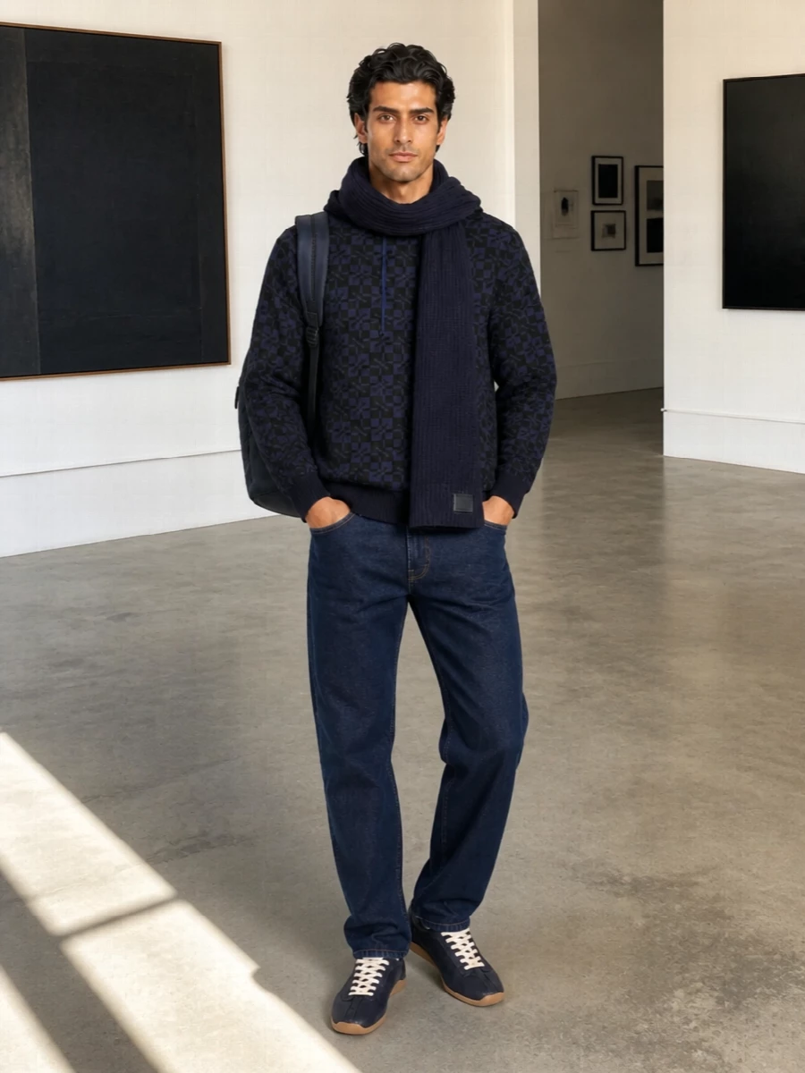 Kenzo navy hoodie dark denim sneakers outfit