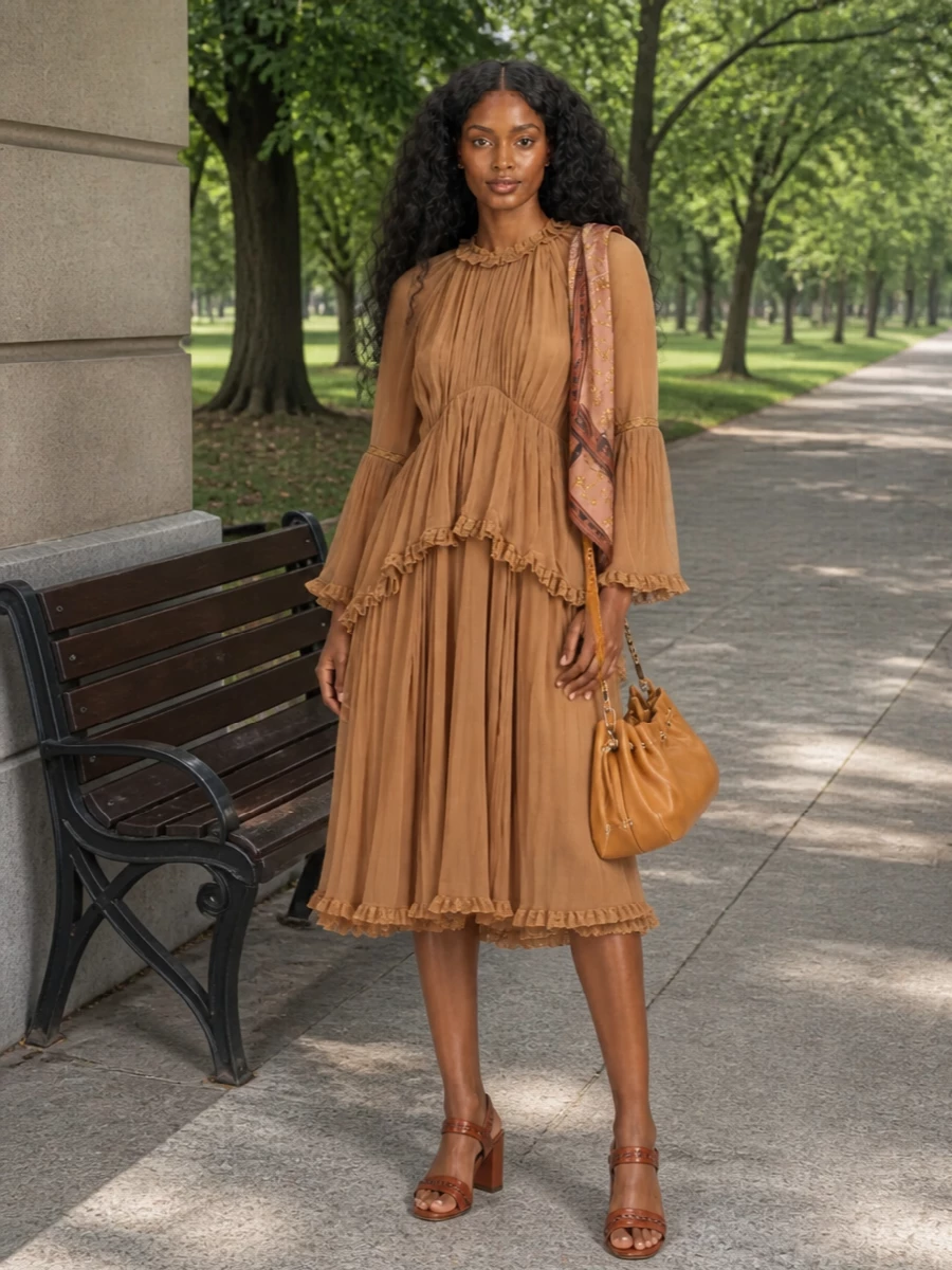 Zimmermann caramel dress tan sandals outfit