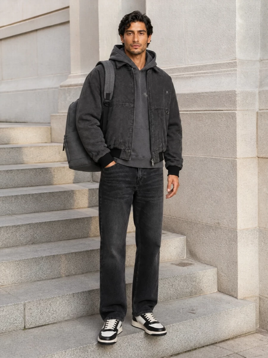 Represent bomber black jeans sneakers outfit