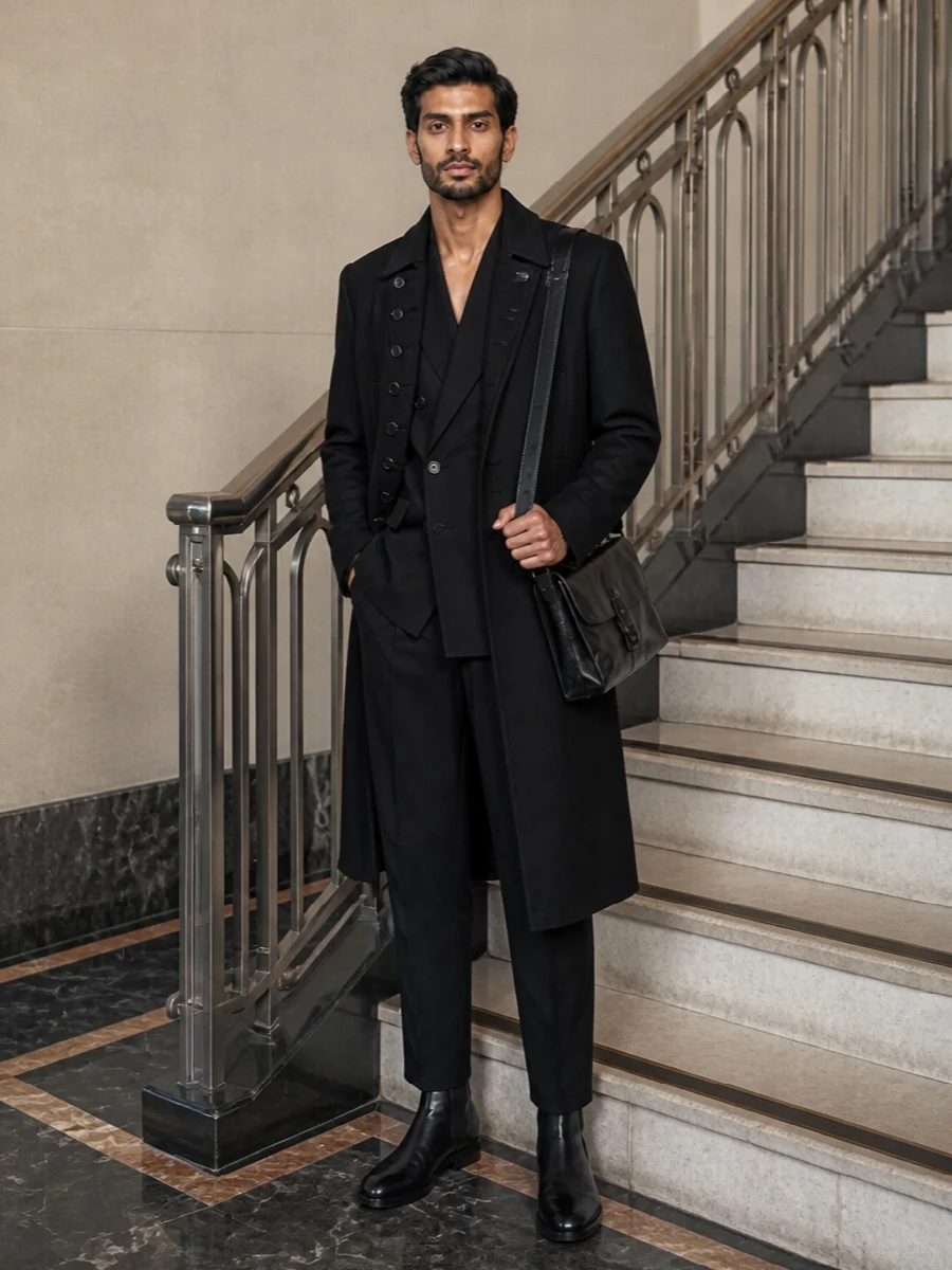 Dries van noten black officer coat chelsea boots