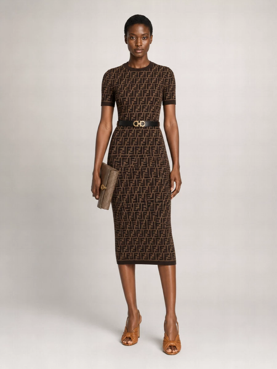 Fendi Jacquard Round Neck Fitted Midi Dress
