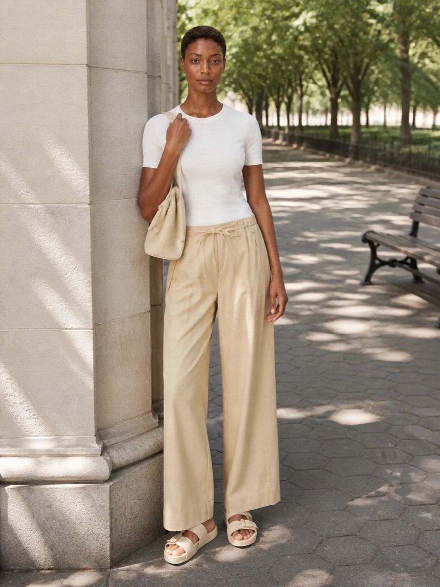 Loewe white tee beige wide leg pants outfit