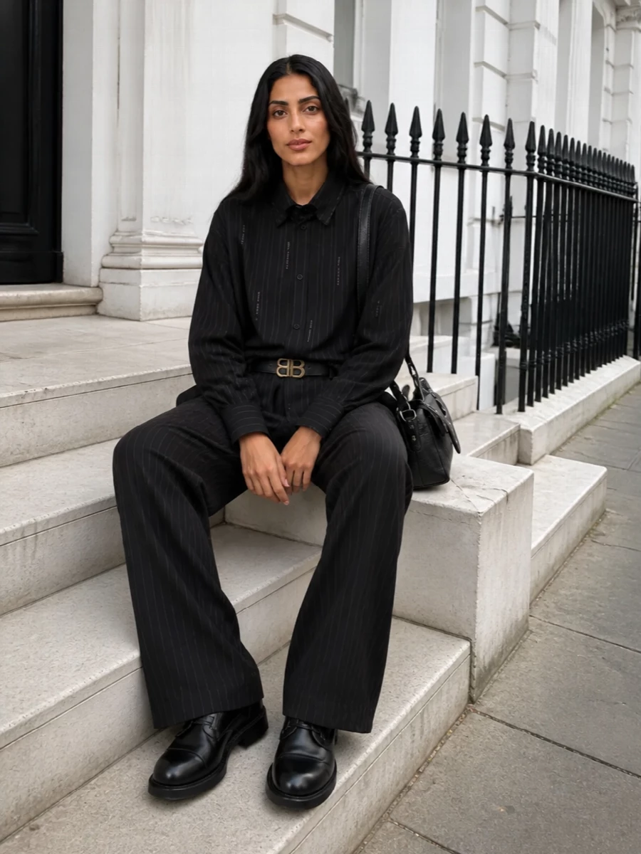 Balenciaga pinstripe shirt wide leg trousers outfit