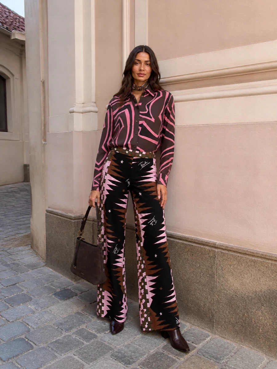 Pucci printed shirt wide leg trousers prada boots