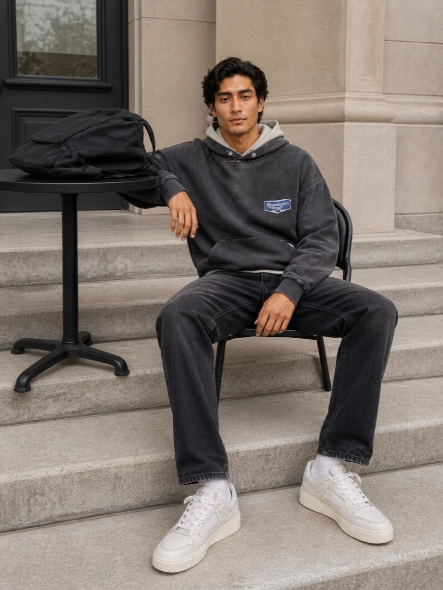 Represent hoodie black jeans neutral sneakers