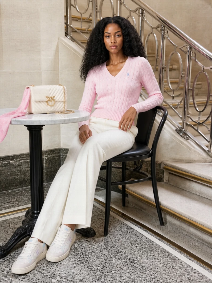 Blush cable knit meets tailored ivory trousers for a romantic, preppy pairing that feels polished but easy for bright days. Powdery sneakers keep the palette soft and relaxed, while the buttercream quilted bag and pink twilly add a gentle, feminine focus. The result is a quietly refined spring outfit that works from coffee runs to casual lunches without ever feeling overdone.
