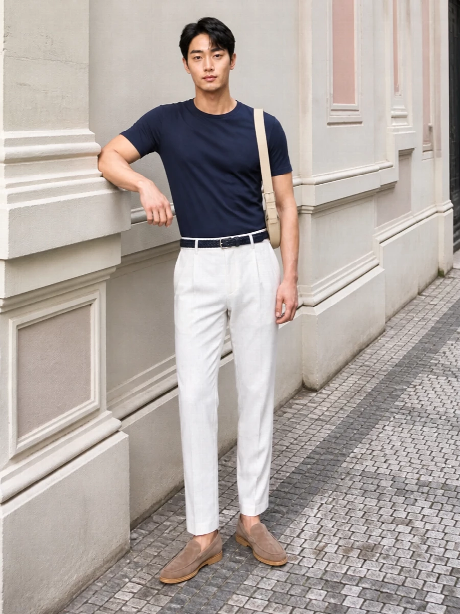 Herno navy t shirt off white trousers outfit