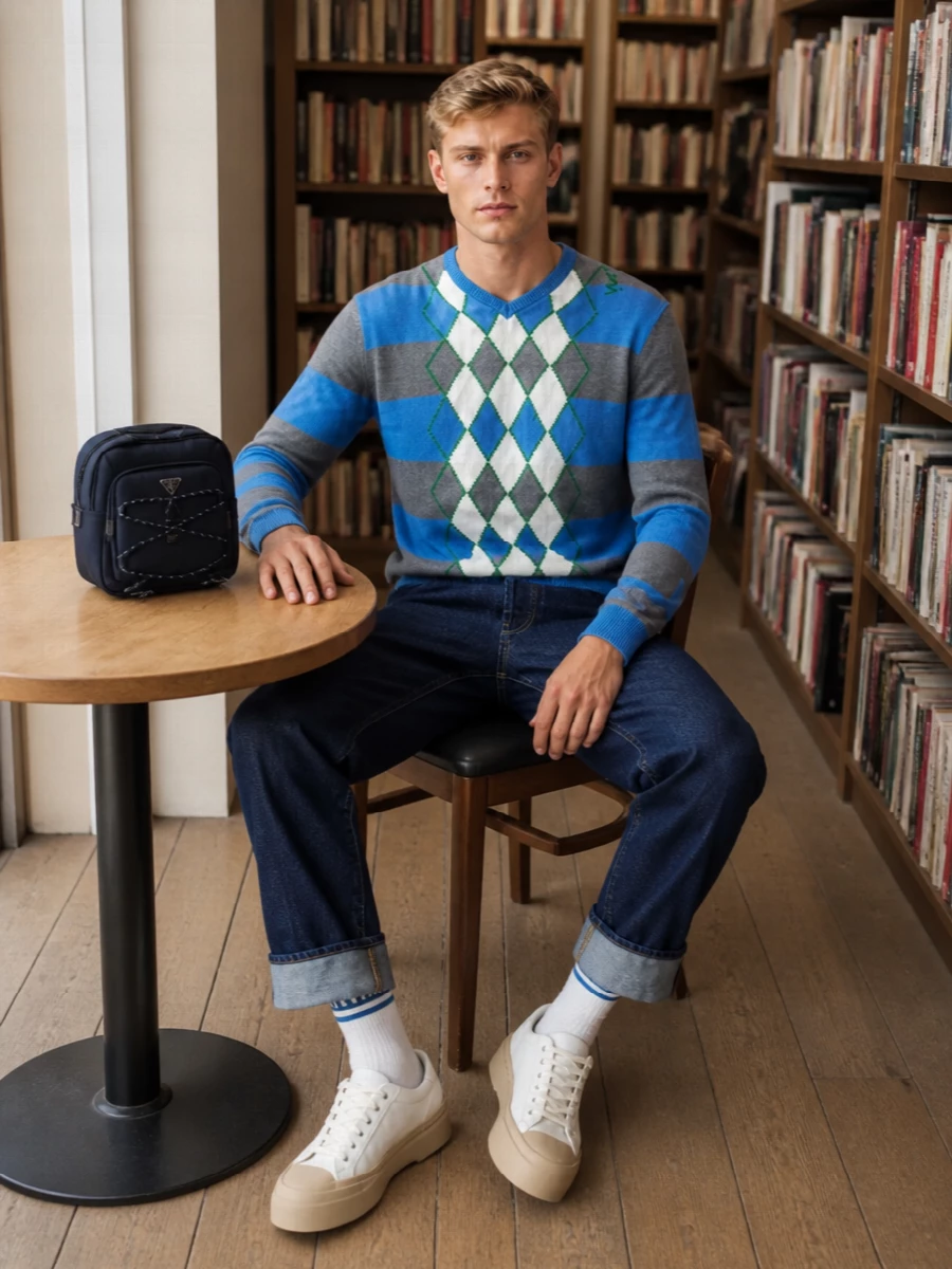 The argyle knit sits on dark indigo rolled denim for a sharp, graphic take on preppy streetwear. Chunky off-white sneakers and inky navy nylon add clean volume and texture without fighting the pattern. It feels ready for gallery afternoons or city weekends where you want character and clarity in equal measure.