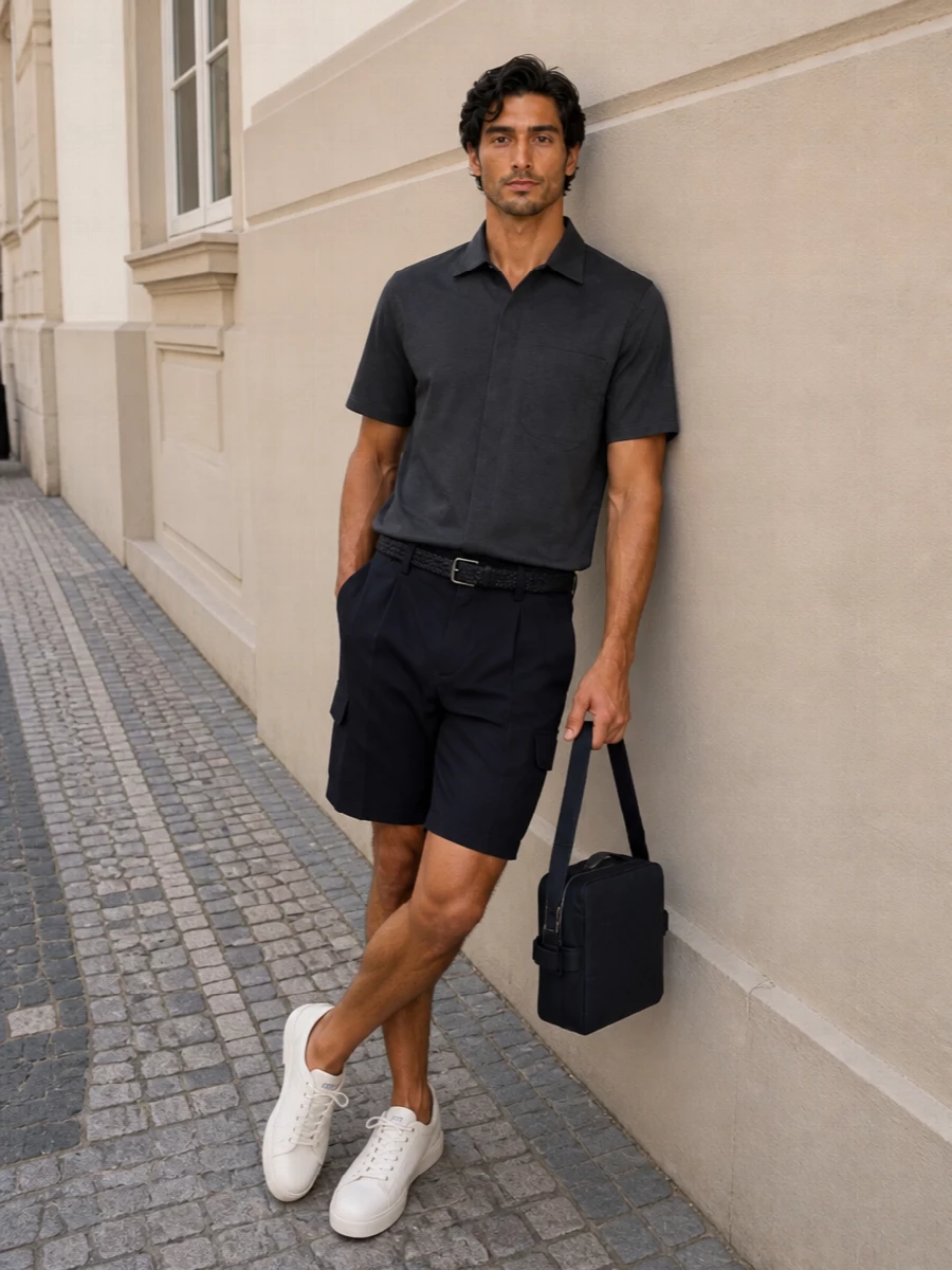 Herno navy cargo shorts charcoal shirt tods sneakers