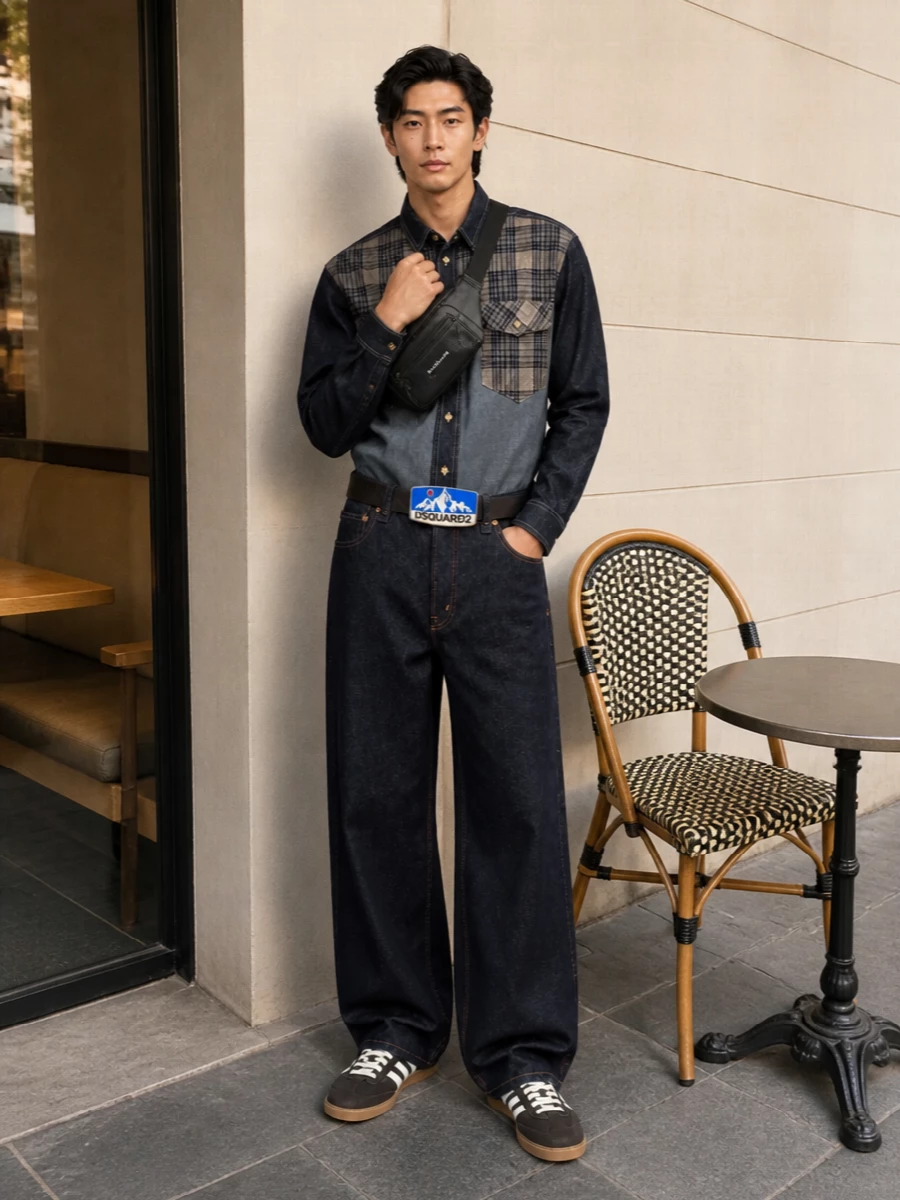 Dsquared2’s graphic belt becomes the focal point against Sacai’s structured dark indigo wide leg and Isabel Marant’s paneled denim shirt, leaning fully into a designer streetwear story. Deep browns and blues stay cohesive while the Adidas terrace sneaker and Balenciaga crossbody keep the mood urban and easy for colder days. It reads confident and graphic without tipping into costume, the proportions doing the work so the logos do not have to shout.