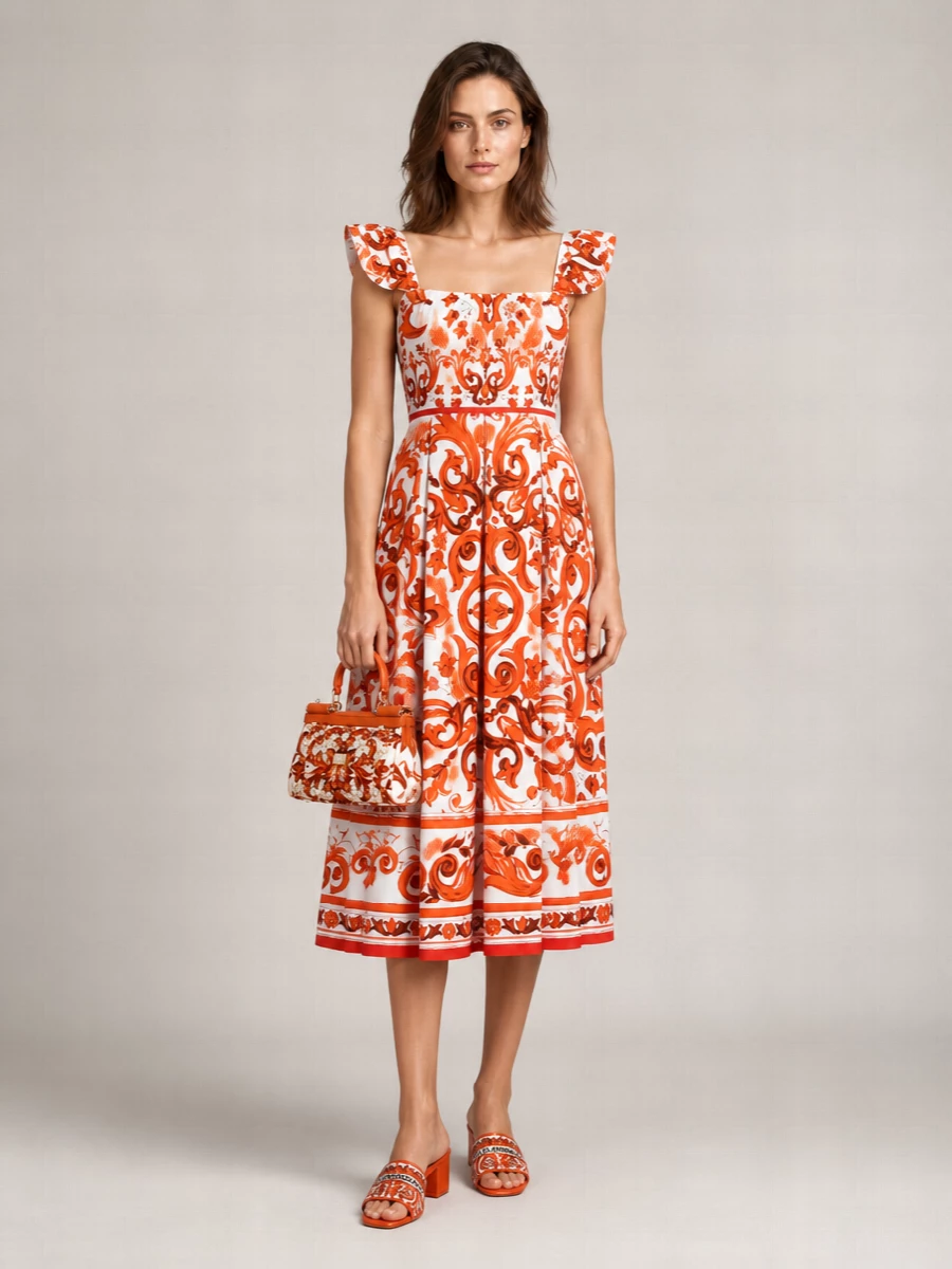 Dolce&Gabbana Cotton Draped Majolica-Print Midi Dress