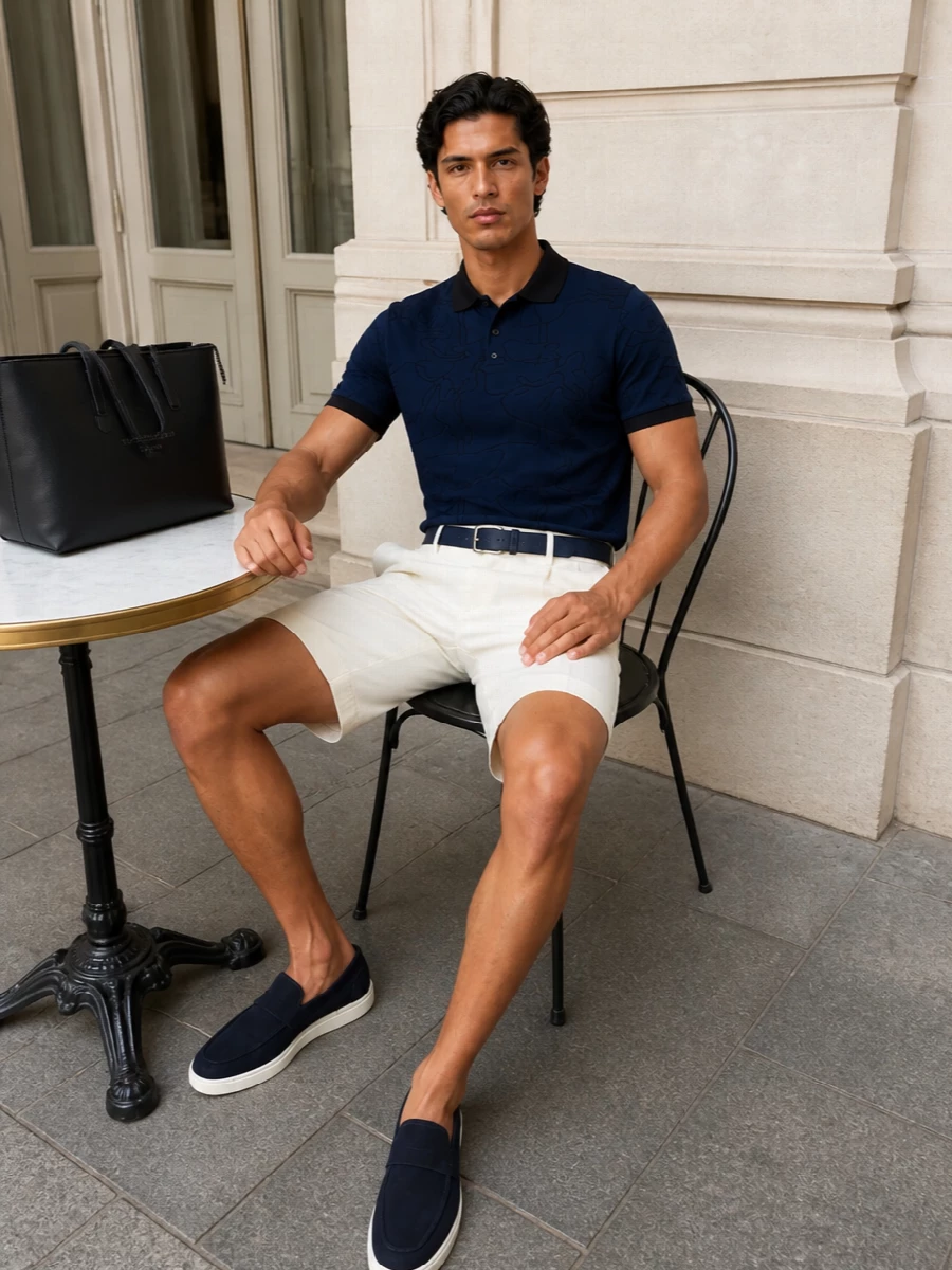 Boss navy polo off white pleated shorts outfit