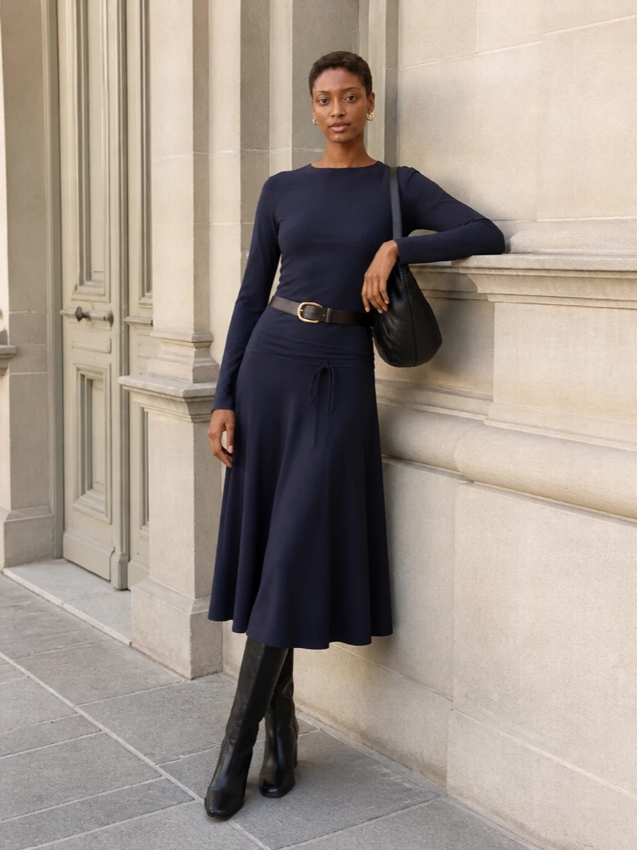 Lemaire navy midi dress black knee high boots