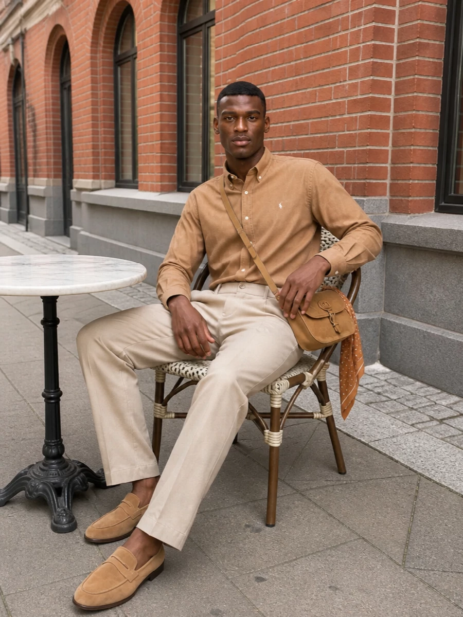 Camel and sun‑washed khaki sit quietly together here, giving classic Polo prep a warm, modern update. Pleated chinos and suede loafers keep the line smart but relaxed, ideal for city weekends or casual dinners. The suede crossbody and neat silk square add just enough texture to signal intention without breaking the understated mood.
