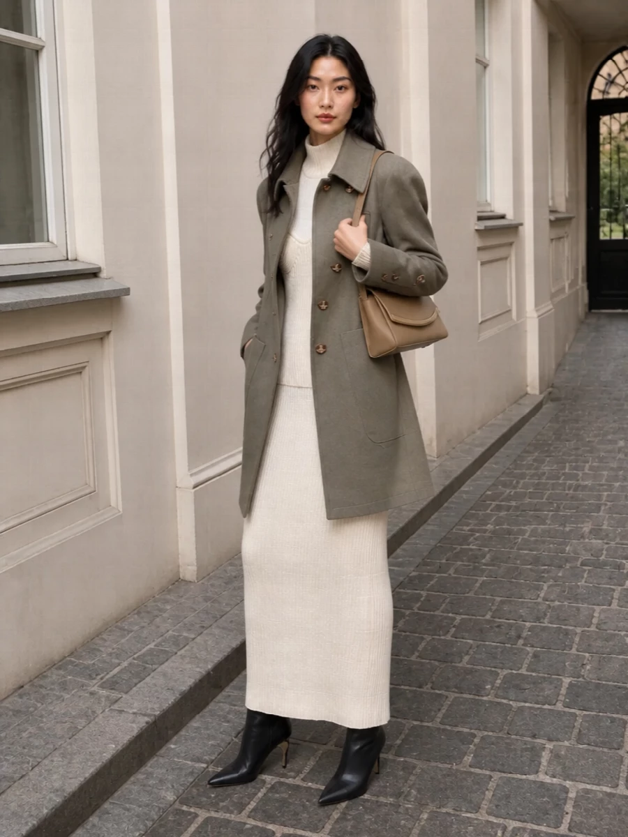 I’ve styled the Vivienne Westwood coat over the Gaultier ivory ribbed maxi, sharpening its hourglass architecture rather than fighting it with additional tailoring. McQueen’s razor-edged ankle boots and Tod’s sculptural camel shoulder bag keep the story in a high-end, minimalist register, letting proportion and texture carry the formality. The result is a winter city ensemble that reads decisive and expensive without a single loud logo in sight.