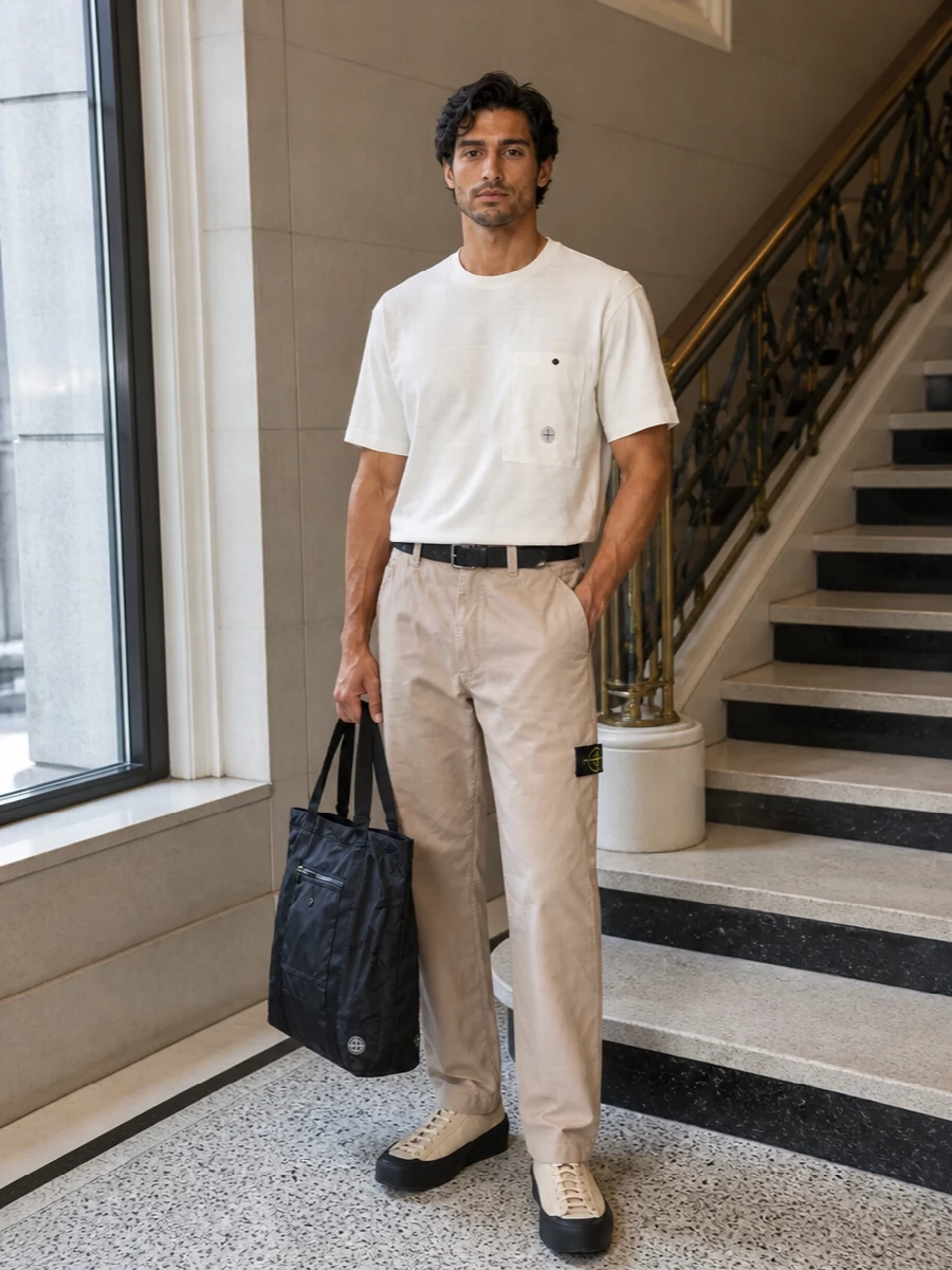 Stone island sand trousers neutral sneakers outfit