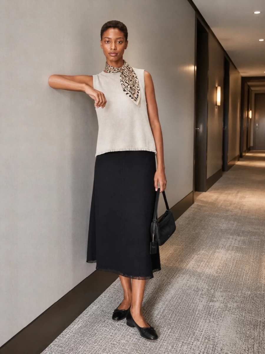 S max mara black midi skirt neutral outfit