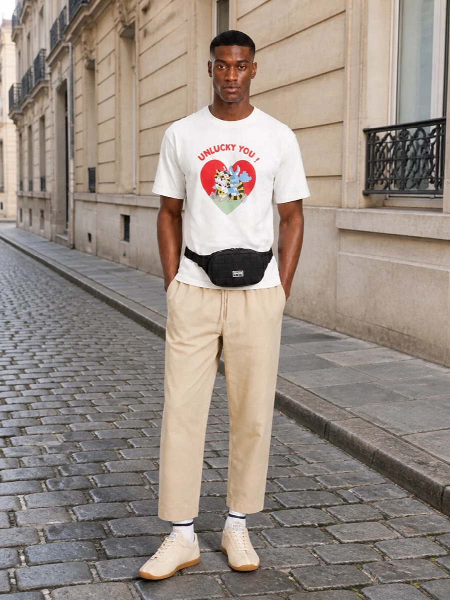 A playful Kenzo tee sits over relaxed light-beige drawstring trousers for a clean, easy base that lets the heart graphic do the talking. Cream gum-sole sneakers and a black technical belt bag keep the vibe city-ready and practical without crowding the color story. Collegiate striped socks add a small preppy nod that ties the whole outfit into a coherent, youthful streetwear mood.