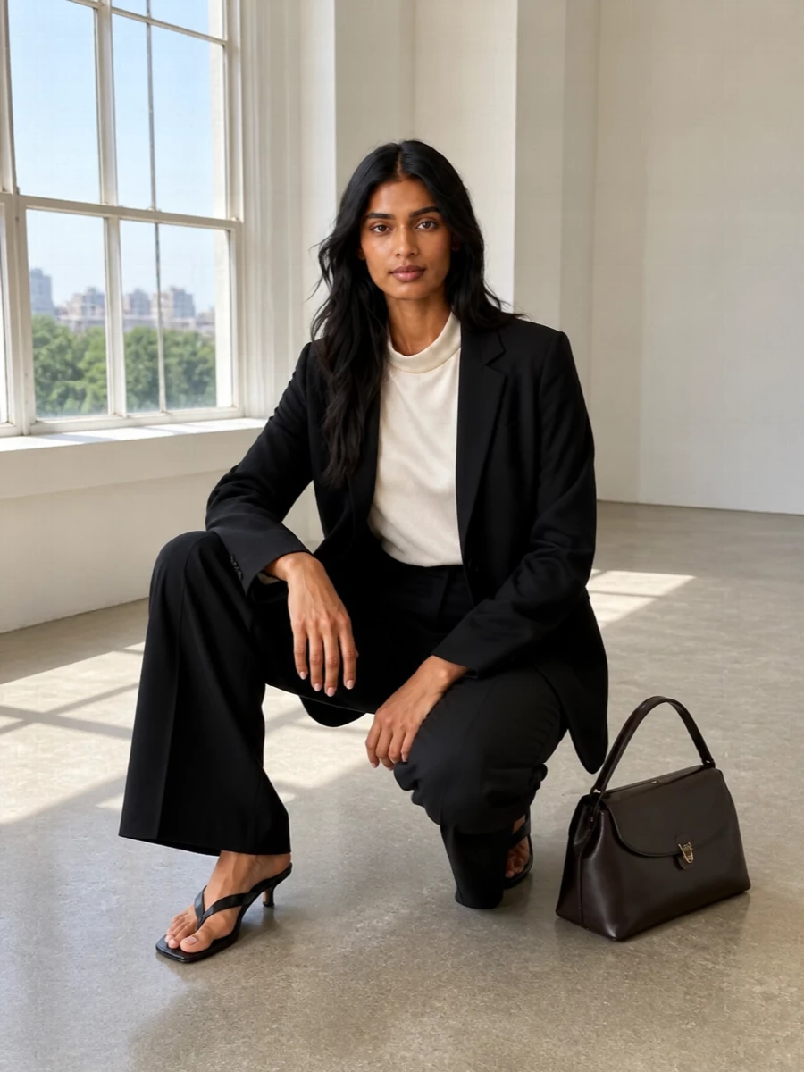 I am building around the blazer as a tailoring anchor rather than adding a dress, because the jacket is designed to top fluid separates and really comes alive over trousers. The ivory satin shell breaks up the black with a soft glow, while the wide-leg trouser and kitten-heel thong keep the line long and relaxed for warm city days. A structured chocolate top-handle bag finishes it with quiet definition and a hint of depth without disturbing the monochrome restraint.