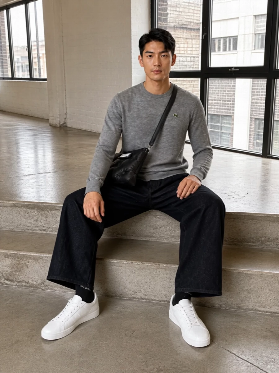 Comme des garcons sweatshirt wide leg trousers outfit