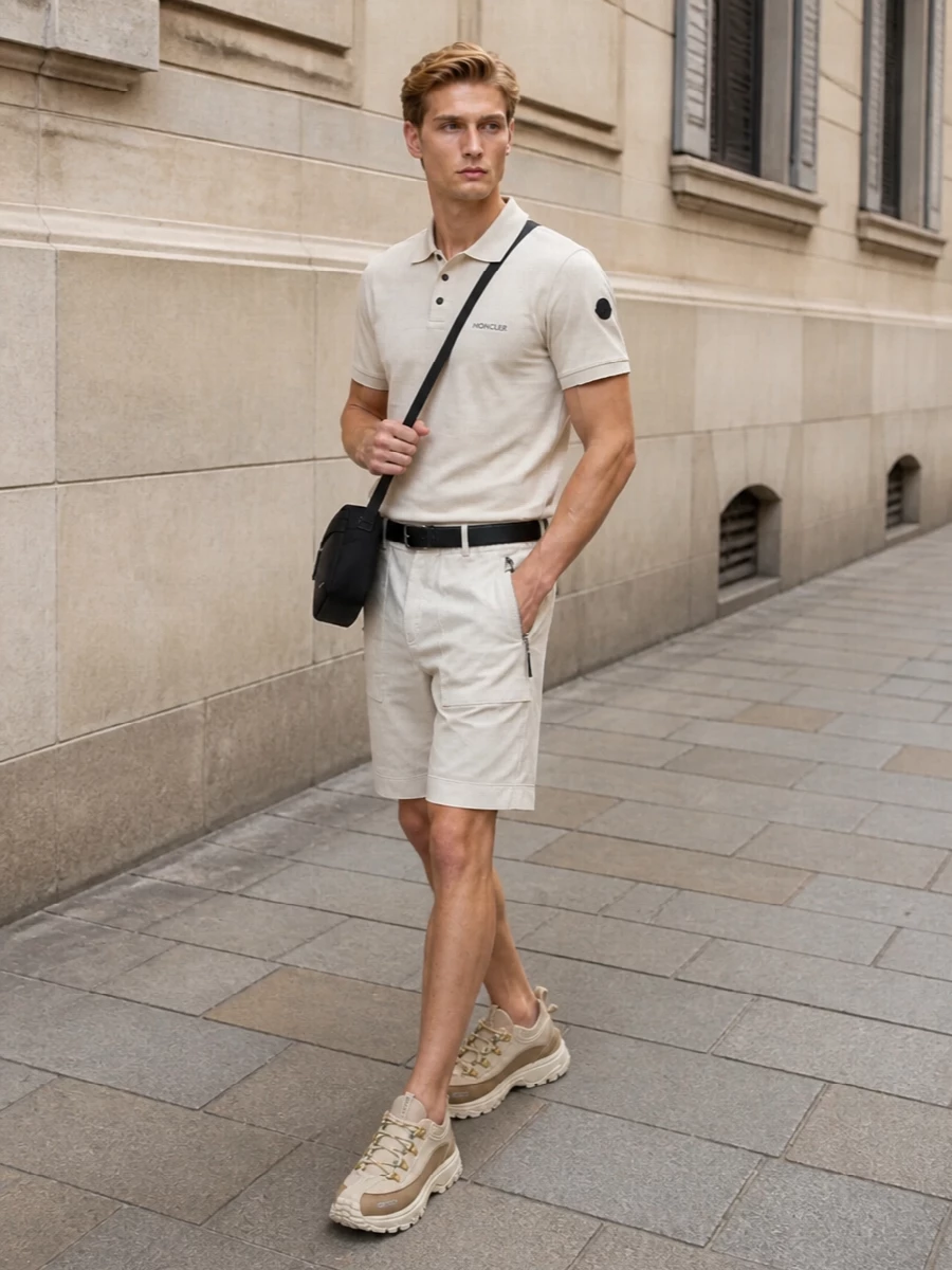 This look is a study in elevated neutrals: light-beige Moncler Grenoble shorts paired with the soft beige Moncler polo create a clean, tonal frame that feels polished but easy for warm-weather days. Cream-and-taupe trail sneakers keep the silhouette athletic and modern, while the slim black Givenchy crossbody and discreet Prada belt introduce just enough contrast to underline the quiet-luxury mood without breaking the minimalist line.
