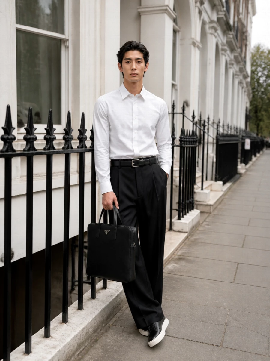 A crisp white concealed-placket shirt and high-rise black wide-leg trouser create a long, uninterrupted line that feels precise yet relaxed. Black leather sneakers keep the mood contemporary and mobile, while a structured Prada briefcase and clean Zegna belt bring a controlled, boardroom-to-dinner sharpness. The result is modern monochrome tailoring that reads assured without ever feeling stiff.
