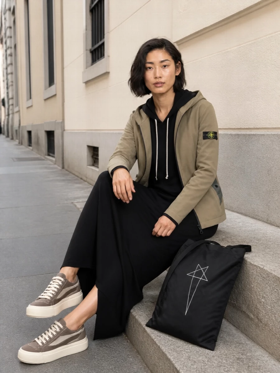 I’m anchoring this around the dress rather than top and bottom, because the hooded column maxi lets the Stone Island jacket read as a clean, technical shell over a strong, singular base. The black Drkshdw dress, matching platform sneakers and graphic tote create a tight, urban palette that makes the sand jacket feel intentional rather than random. It is an off-duty city uniform with a clear point of view, all about elongated lines, hoods and quietly utilitarian details.