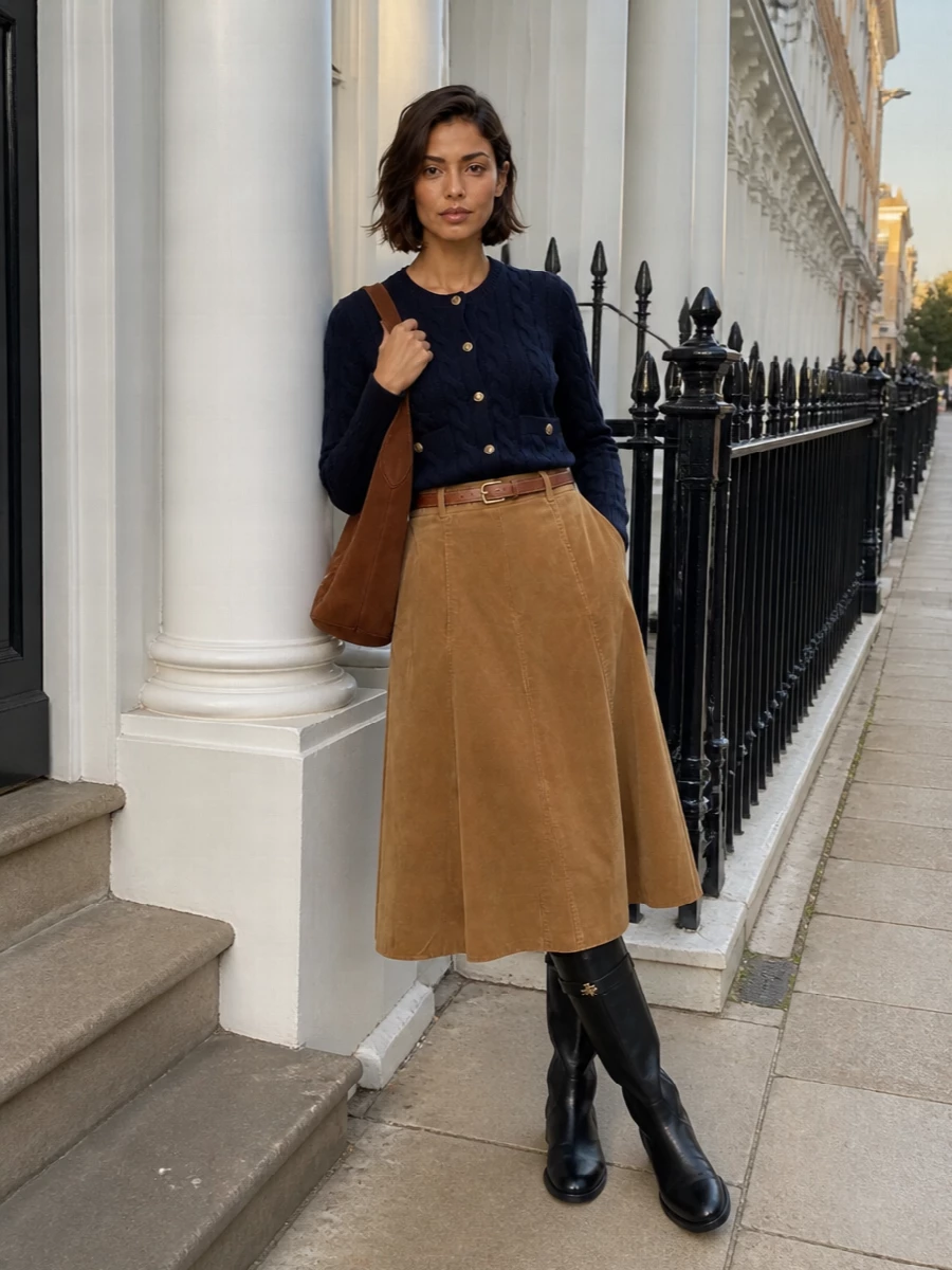 Polo ralph lauren navy cardigan camel midi skirt