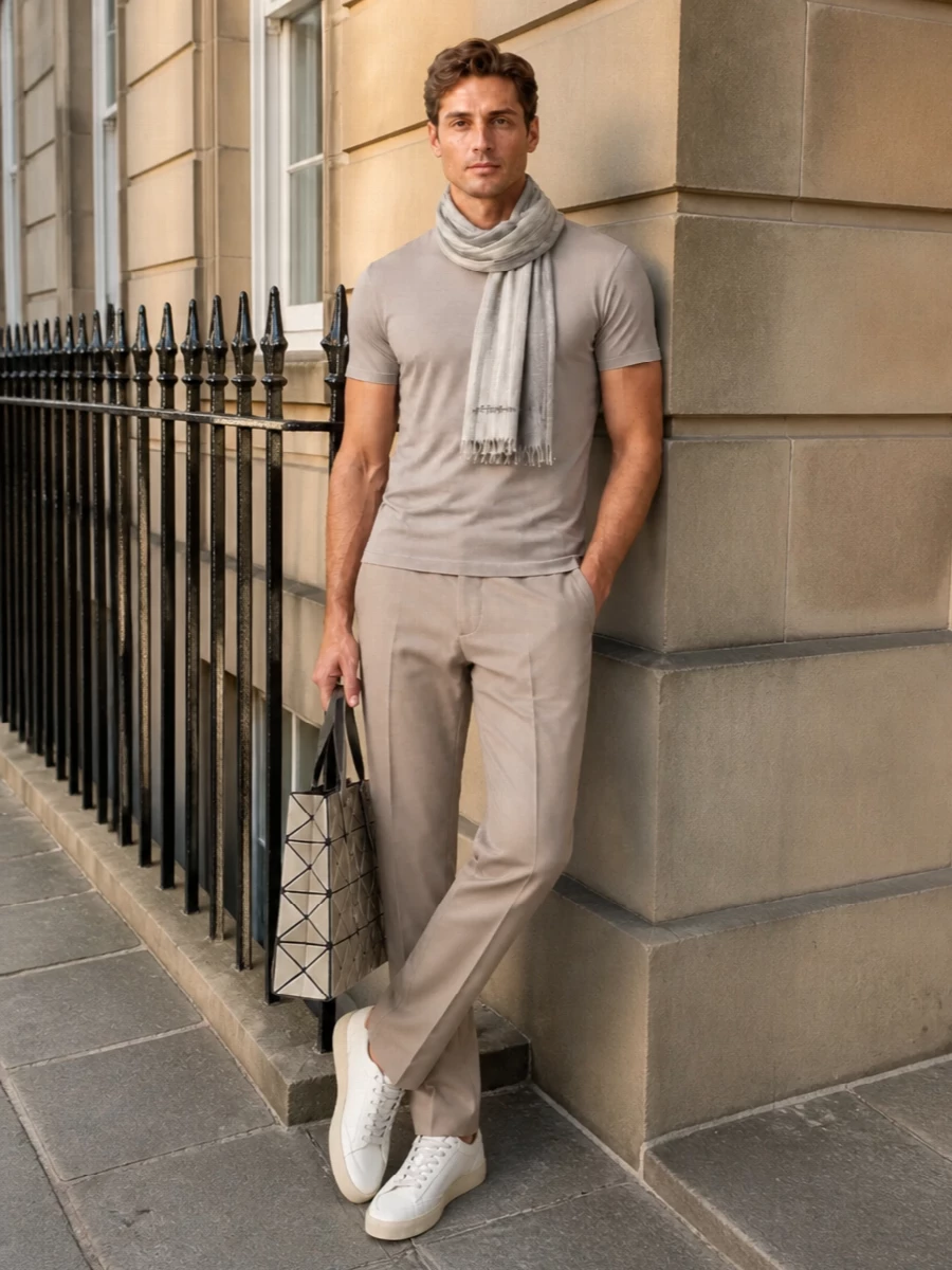 Pt torino taupe outfit tods suede sneakers
