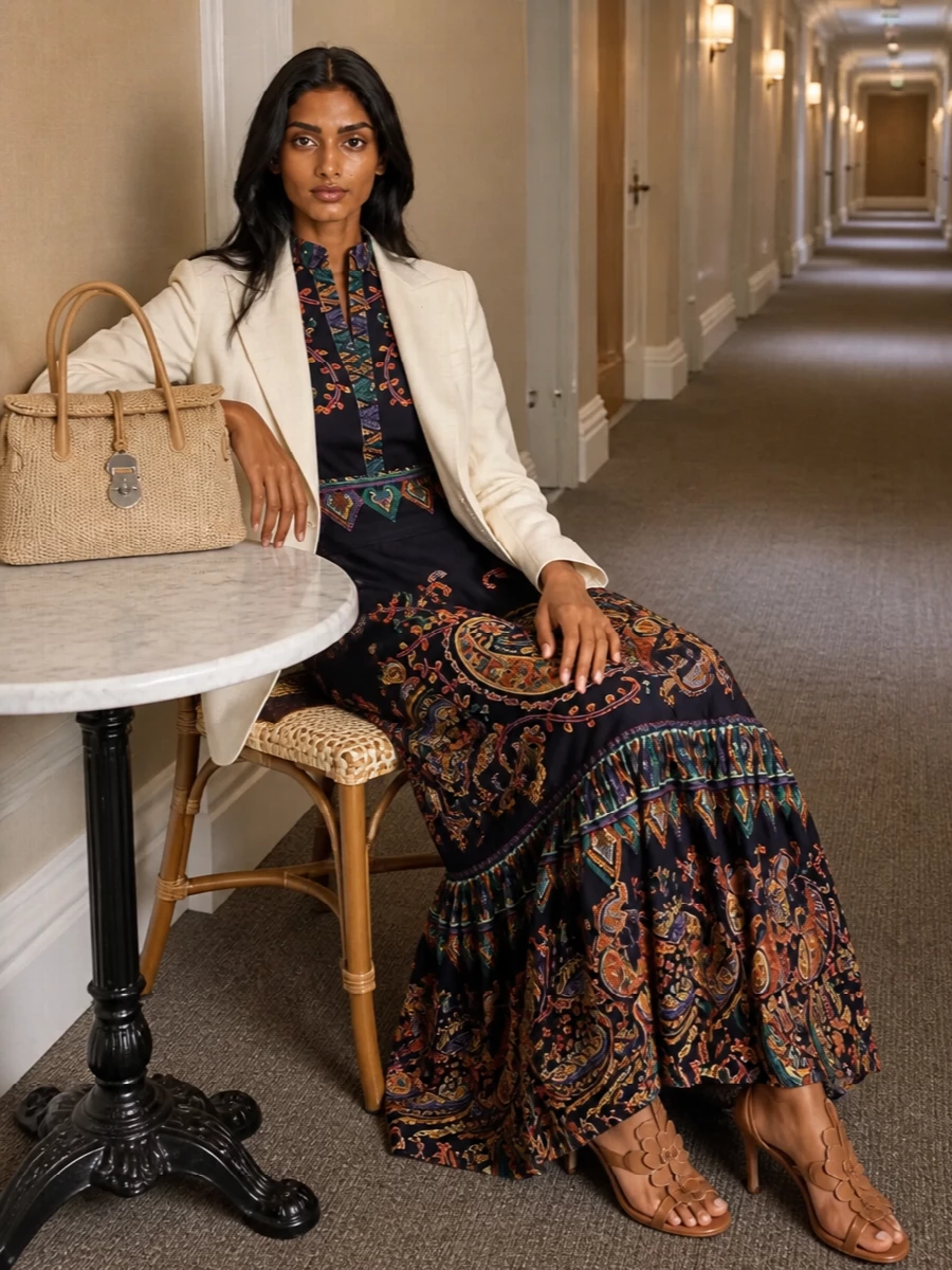 A fluid Etro paisley maxi takes center stage, its midnight navy and jewel tones grounded by warm tan strappy heels. A structured woven top-handle in natural straw and leather leans into Riviera romance while keeping the mood polished. The result feels made for sunlit garden parties and terrace dinners where print, color, and quiet Italian ease do the talking.