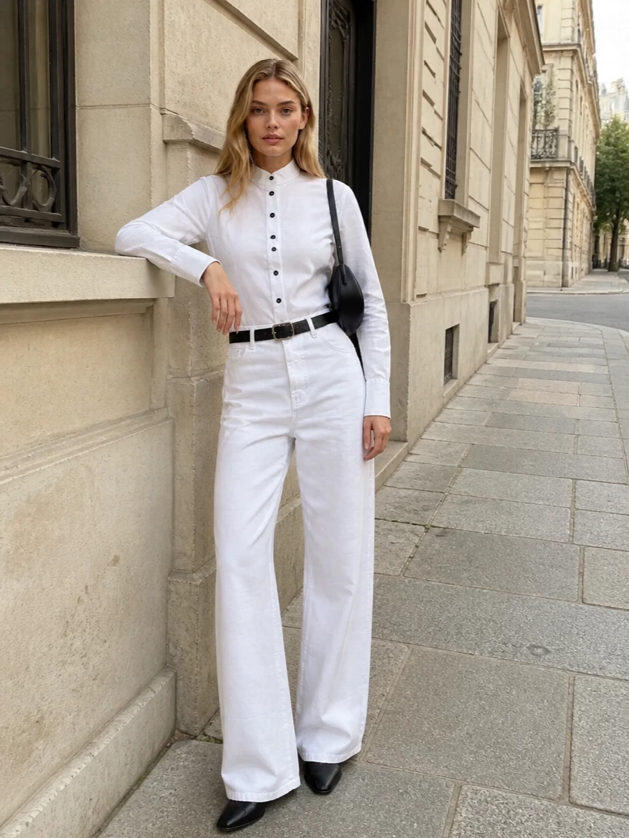 Rohe white wide leg jeans barena shirt outfit