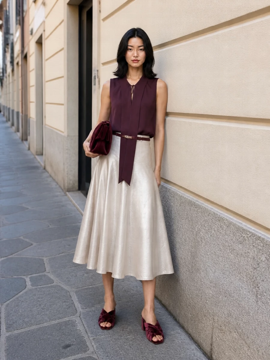 Forte forte aubergine blouse champagne midi skirt