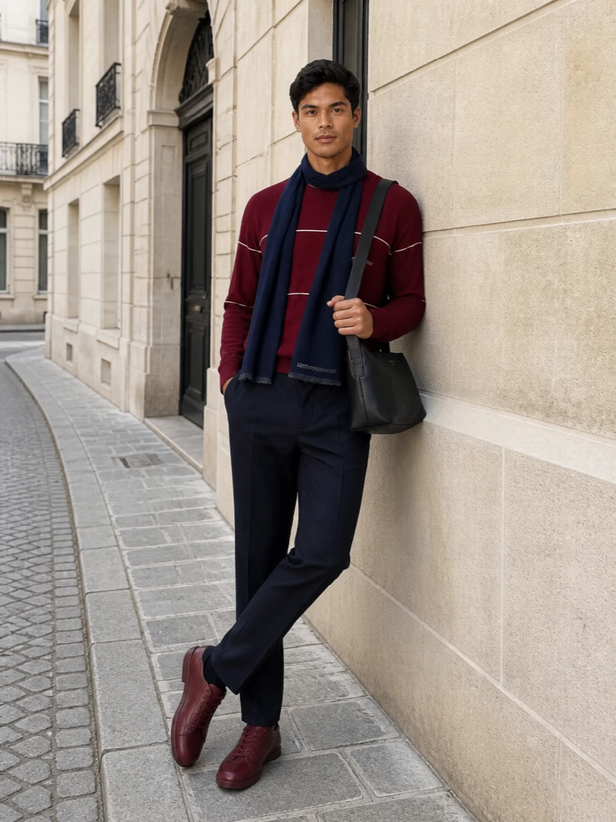 Emporio armani burgundy sweater zegna navy trousers