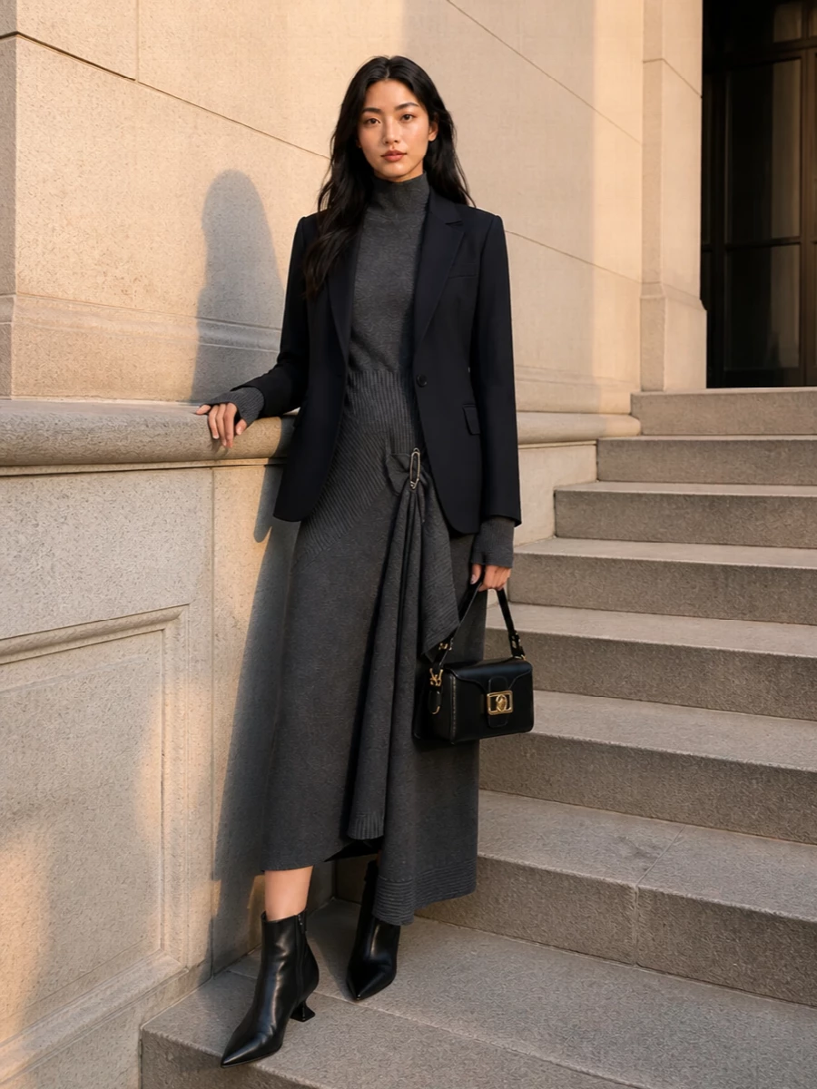 Lanvin blazer knit dress ankle boots outfit