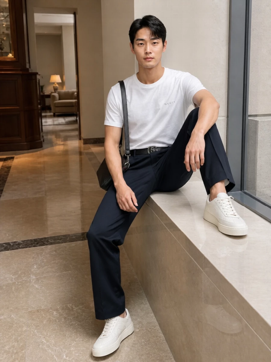 A crisp white Gucci tee sits over deep navy straight-leg trousers for a clean, modern take on casual tailoring. Perforated ivory sneakers keep the palette light, while a slim black crossbody and matching belt add just enough structure and quiet logo detail. The result is relaxed city dressing that still reads considered and precise.