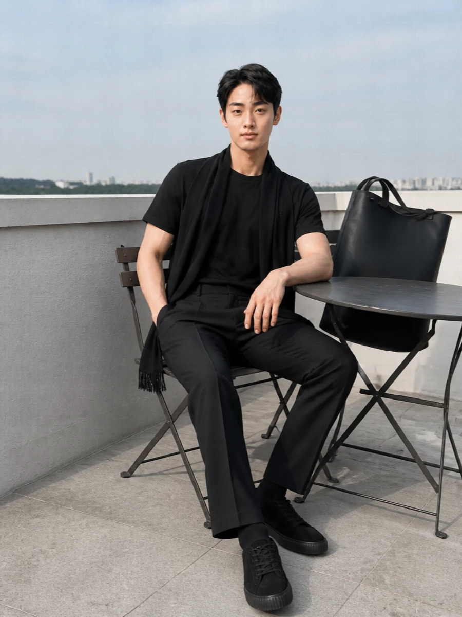 Herno black tee tapered trousers suede sneakers