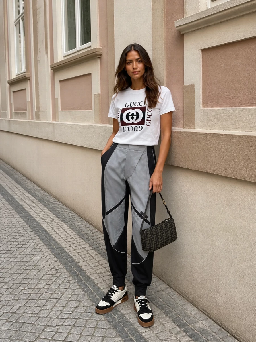Gucci’s logo tee sits against sculpted Attico track pants for a graphic, sport-leaning streetwear set in a strict black, white and grey palette. Fendi’s cupsole sneakers and FF baguette echo the logo narrative without shouting, keeping everything polished enough for city days. The result is relaxed in comfort but sharp in attitude, ideal for off-duty errands that still feel considered.