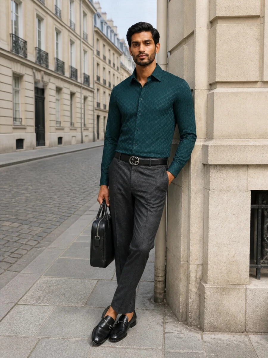 The deep teal jacquard shirt sits cleanly against slim charcoal herringbone trousers, letting the color and texture of the shirt register as a subtle statement rather than a shout. Black horsebit slipper loafers and a sharply structured embossed briefcase keep the line impeccably tailored and evening-ready, while a discreet black GG belt finishes the look with a precise, quiet-luxury touch. It’s a modern cocktail or formal-dinner outfit that feels considered, understated and confidently polished.