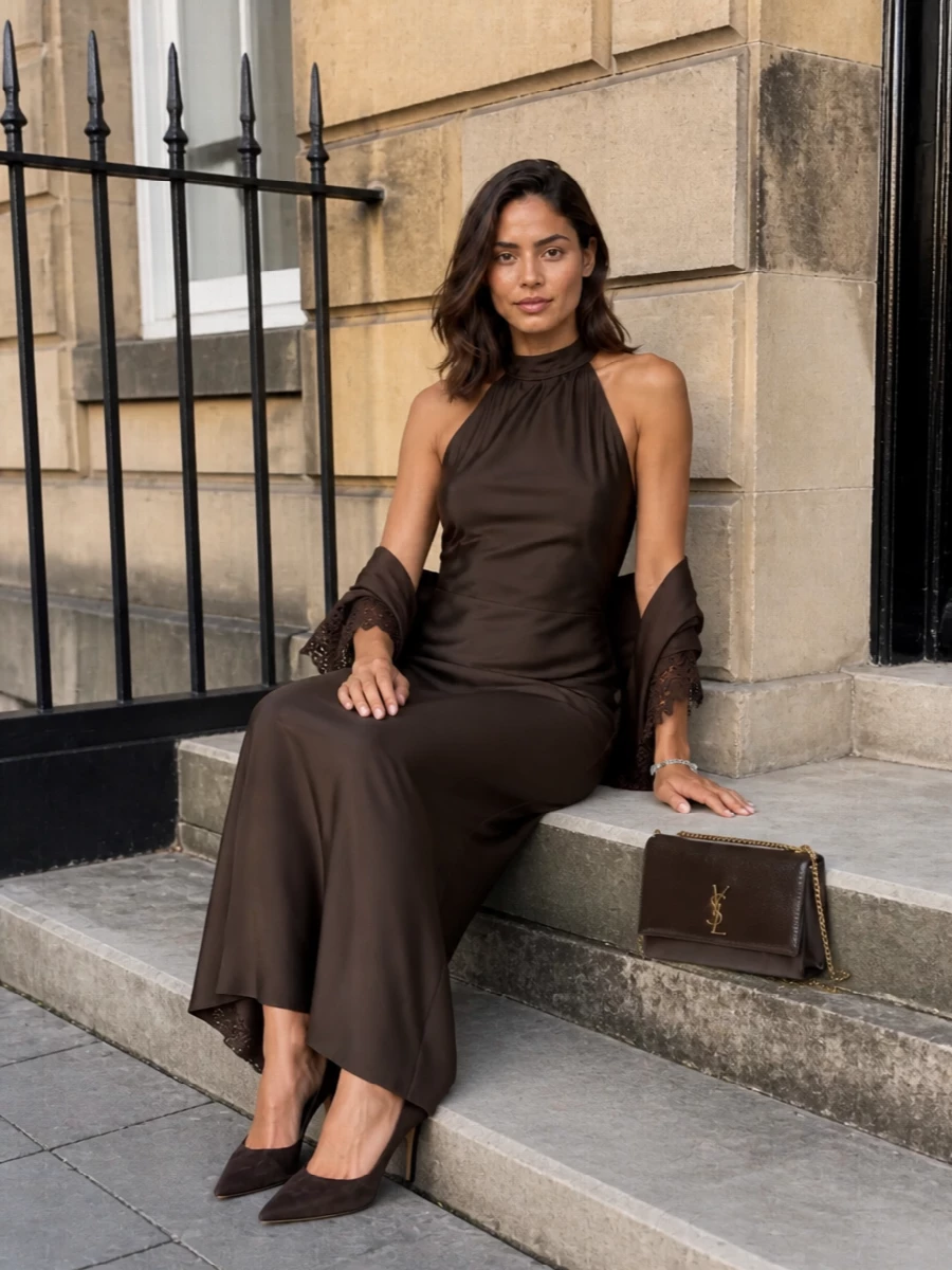 Ralph lauren brown halter gown saint laurent bag