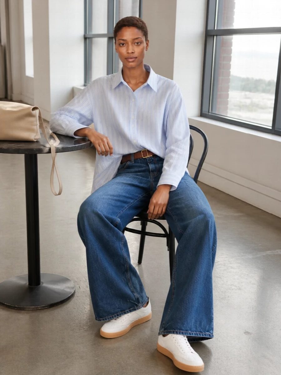 Our legacy wide leg jeans striped shirt sneakers