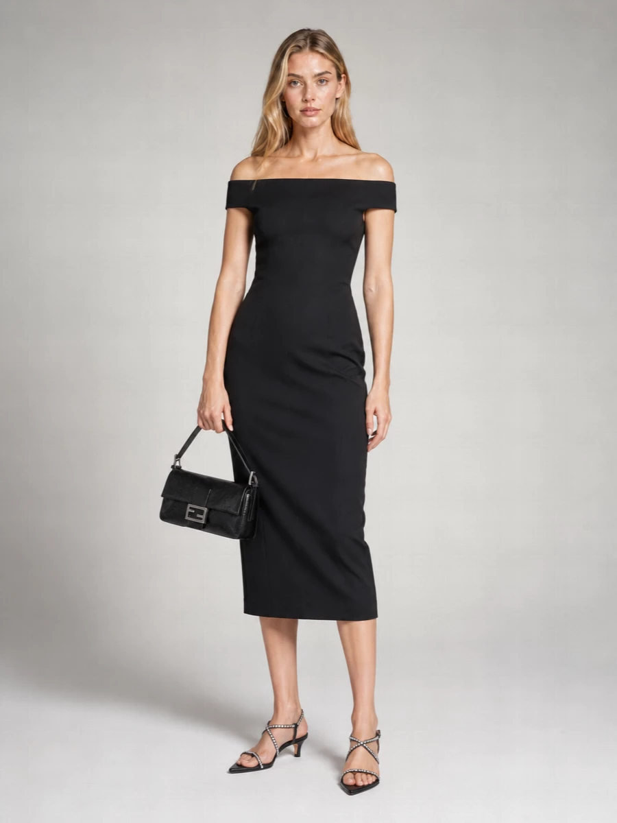 A sculpted off-shoulder black midi and the sleek Fendi baguette create a pure, elongated evening line with just enough edge from texture and hardware. Jil Sander’s fine crystal-trimmed sandals finish it with a quiet glint at the foot, keeping the focus on proportion and cut rather than overt decoration. This path leans into the dress as the anchor, which best complements the bag’s refined attitude and keeps the silhouette coherent and precise for city dinners or gallery nights.