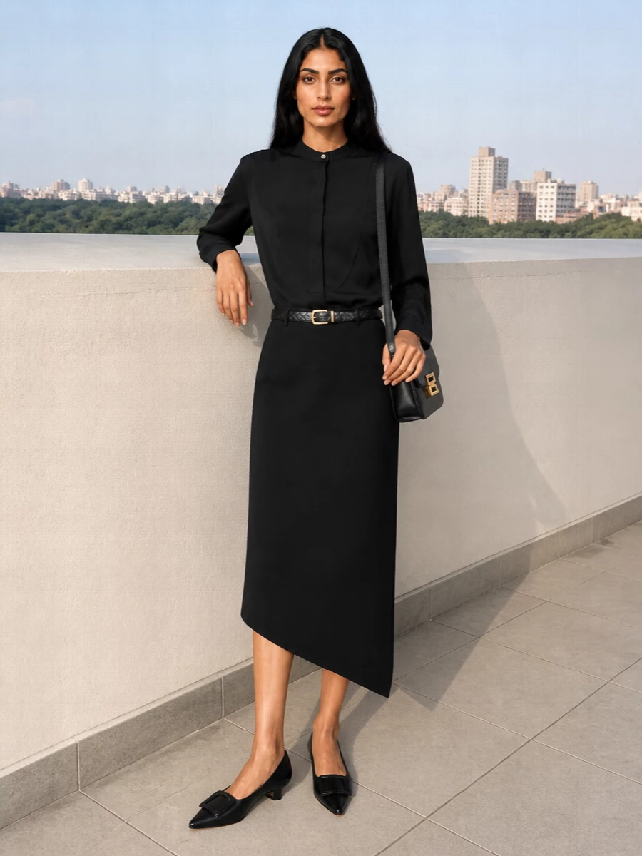 Victoria beckham black tuxedo shirt midi skirt outfit